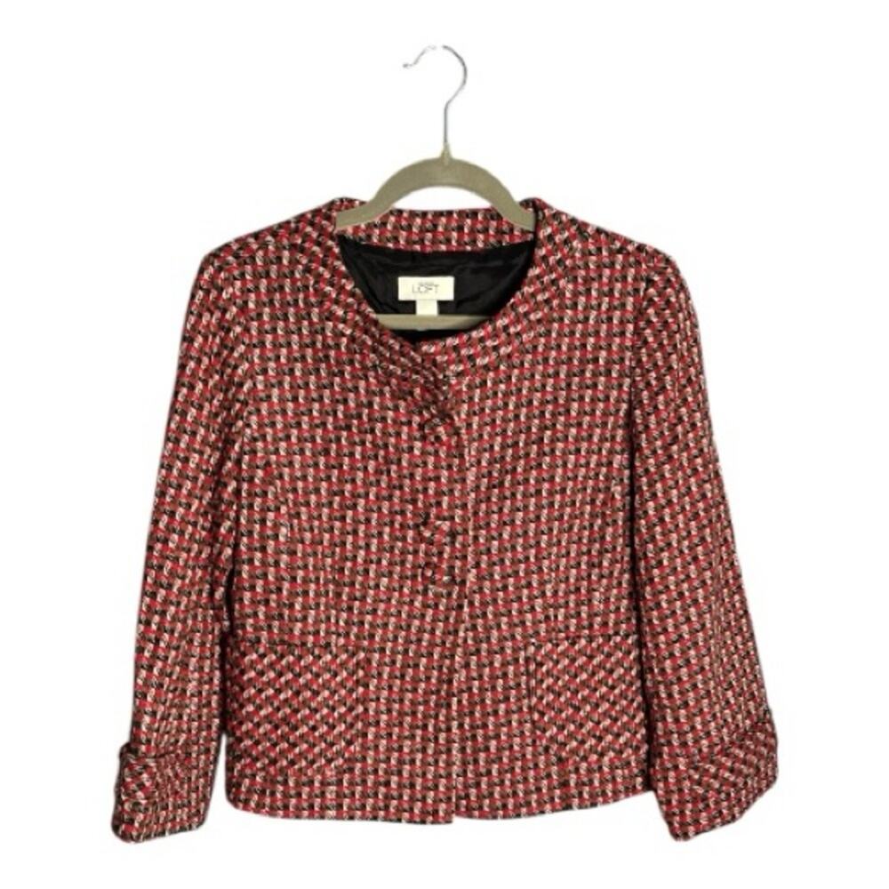 LOFT Red Black Plaid Tweed Button Front Blazer 6